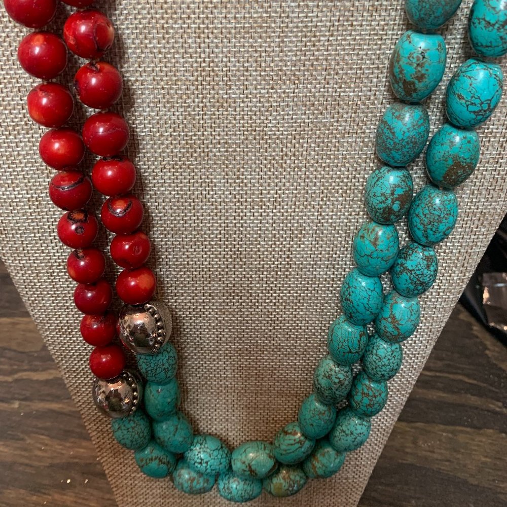 Large Coral and Turquoise Beads w/ Sterling Silver Necklace
